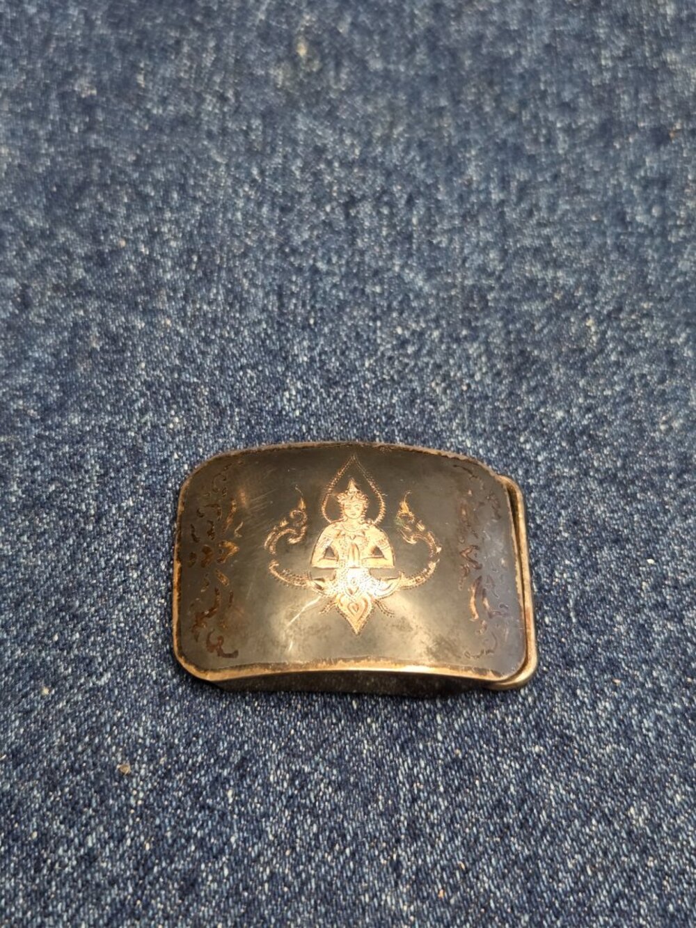 Antique Siam Sterling Silver Niello Thailand Buddha Belt Buckle 17g .925 - Picture 2 of 8